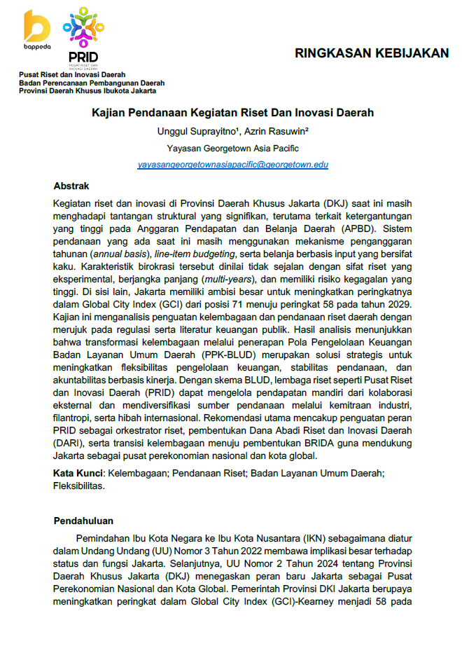 KAJIAN PENDANAAN KEGIATAN RISET DAN INOVASI DAERAH