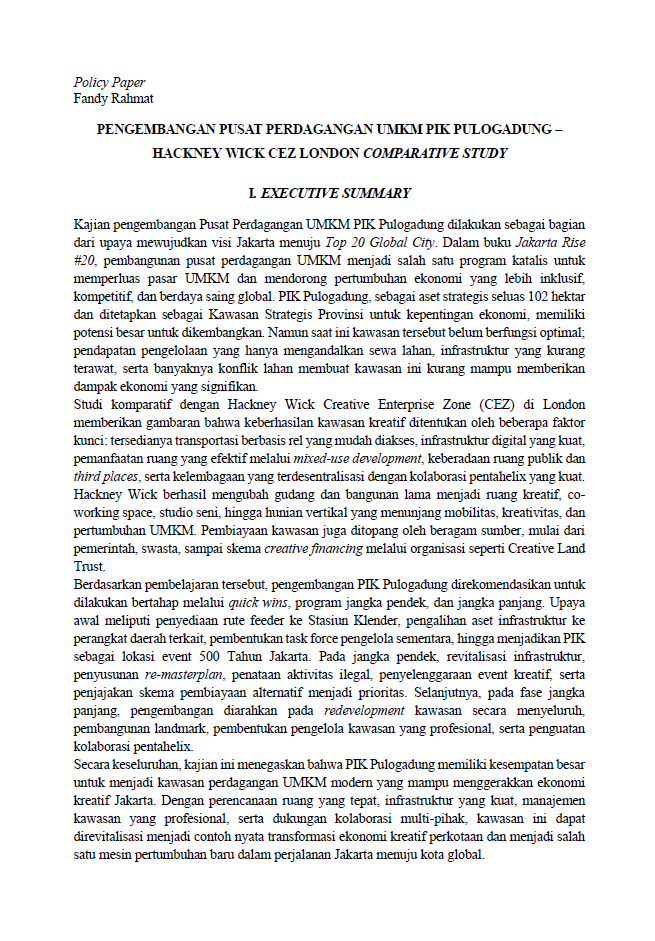 PENGEMBANGAN PUSAT PERDAGANGAN UMKM PIK PULOGADUNG – HACKNEY WICK CEZ LONDON COMPARATIVE STUDY